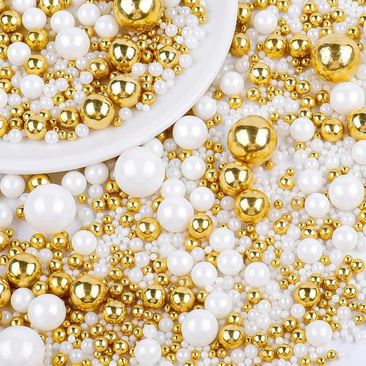White & Gold Pearl Sprinkles for Cake Decorating, 130g/4.6oz Edible Pearl Sprinkles, Baking Cupcakes, Donuts, Macarons Toppings