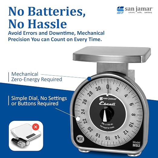 San Jamar Ms Series Mechanical Dial Scale Manual Food Scale with 2 Pound Capacity for Kitchens, Restaurants, And Cooking, Metal, 32 Ounces, Silver