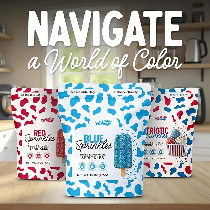 Snackathon Blue Sprinkles for Baking & Decorating, 15 oz Vibrant Blue Jimmies in Resealable Pouch – Gluten Free Sprinkles for Ice Cream Toppings, Cakes, Cupcakes & Desserts