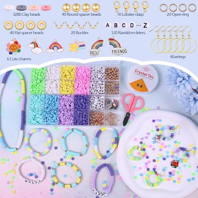 Wuollgess 3500 PCS Pastel Clay Beads for Bracelet Making Kit, Polymer Macaron Heishi Beads for Jewelry, Friendship Bracelet Kit with Spacer Letter for Necklace Earring DIY for Adults