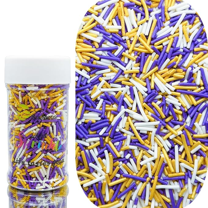 SE Si&Moos Gold Purple and White Jimmies Sprinkles Gold and Purple Halloween Sprinkles for Cake Decorating Edible Crunchy Jimmies for Topping Ice Cream, Cookies, Cakes, Cupcakes, Dessert Decorating 3 OZ