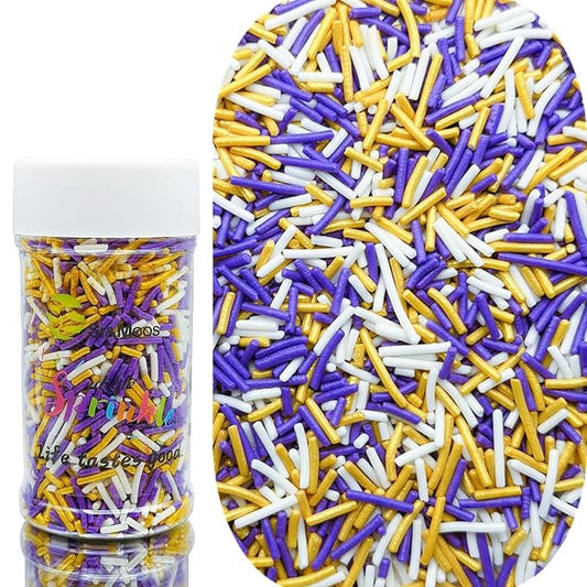 SE Si&Moos Gold Purple and White Jimmies Sprinkles Gold and Purple Halloween Sprinkles for Cake Decorating Edible Crunchy Jimmies for Topping Ice Cream, Cookies, Cakes, Cupcakes, Dessert Decorating 3 OZ