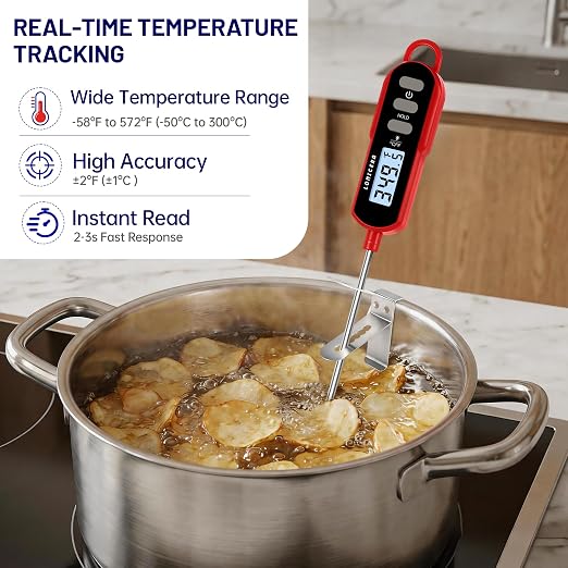 Lonicera Digital Candy Thermometer with Pot Clip, 11" Long Probe, Instant Read 2-3s, IPX6 Waterproof Food Thermometer with Backlight, for Deep Fry, Oil & Meat (Red)
