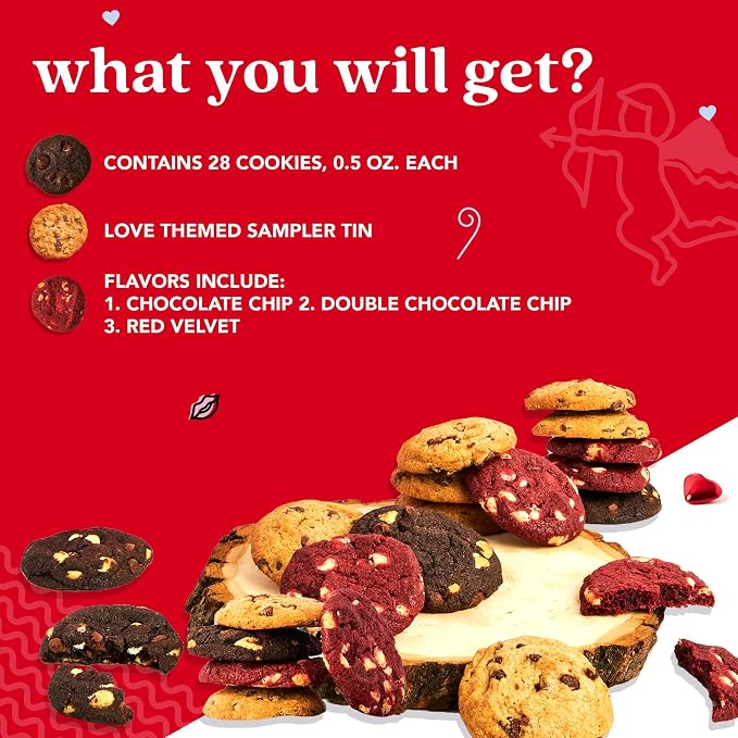 David's Cookies Mini Cookie Sampler in Love Tin, 14 oz Fresh Baked Assorted Bite Size Cookies, Chocolate Chip, Chocolate White Chip & Red Velvet, Gourmet Sweet Treat for Couples Friends