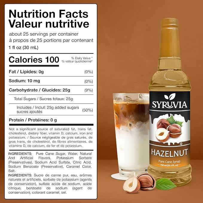 Syruvia Coffee Syrup, Hazelnut Flavored Syrup for Drinks, Lattes, and Desserts – 25.4 fl oz - with Pump