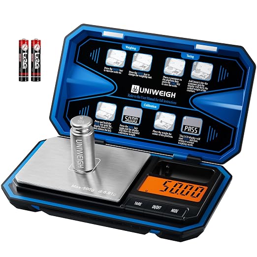 UNIWEIGH Digital Pocket Gram Scale 500g x 0.01g Precision Jewelry Scale | Mini Coin Scales 6 Units/LCD,Weighs Small Food,Gold,Powder,Micro,Ounces,Grains,Reloading,Tare Function,Blue(Battery Included)