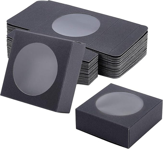 BENECREAT 24 Pack Kraft Paper Boxes with Clear Window 3x3x1.2 Black Kraft Gift Packaging Boxes for Bakery Cookies Cake Candy Wedding Party, Festival Gift Packaging