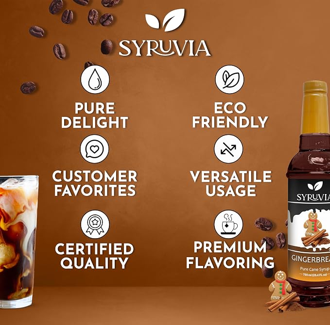 Syruvia Coffee Syrup, Gingerbread Flavored Syrup for Drinks, Lattes, and Desserts – 25.4 fl oz - with Pump