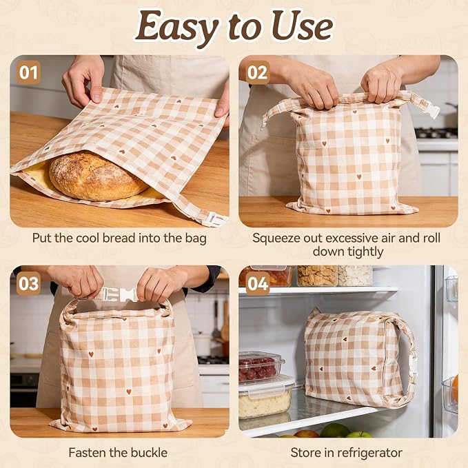 Beeswax Bread Bag for Sourdough, 1 pc Reusable Beeswax Bread Bag for Homemade Sourdough, XL Natural Cotton and Linen Food Storage Bag for Picnics, Pantry, Long-Lasting Freshness (Checkered Pattern)