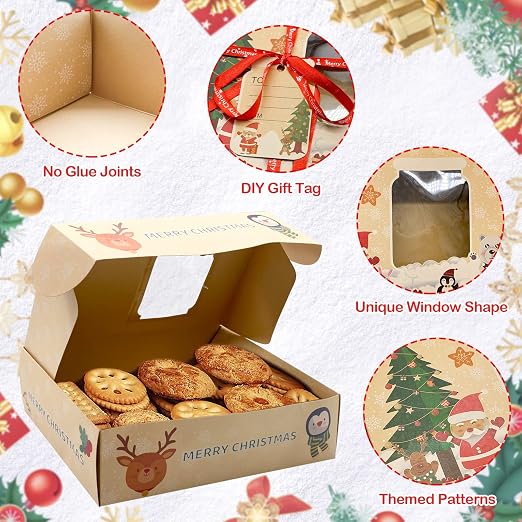 12 Packs Christmas Cookie Boxes with Window,Bakery Treat Boxes Gift Baking Box Christmas Kraft Gift Boxes with Ribbons and DIY Gift Tags for Gift Giving, Pastry, Candy, Party Favors (Small)