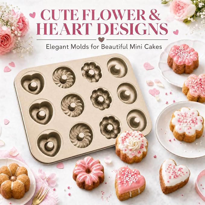 2 Pack Mini Bundt Cake Pans for Baking, 12 Cavity Nonstick Mini Cake Pan with Flower & Heart Shapes, Carbon Steel Donut Mold for Brownies, Desserts & Homemade Treats, Gold