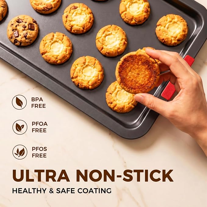 Kikcoin Nonstick Cookie Sheets for Baking Set of 3, Carbon Steel Sheet Pans with Lychee Silicone Handles, 2X Thick Ceramic Coating PFOA-Free, Small Medium Large Stackable Baking Pans for Oven, Grey