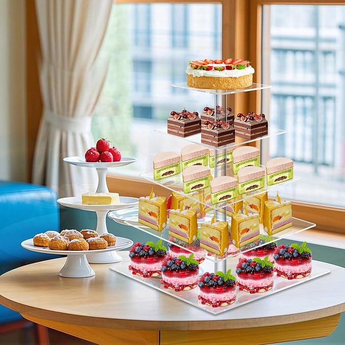 weddingwish 5 Tier Cupcake Stand, Acrylic Cupcake Tower Stand, Square Tiered Display Stand, Clear Dessert Table Display Stand for Wedding,Birthday,Party