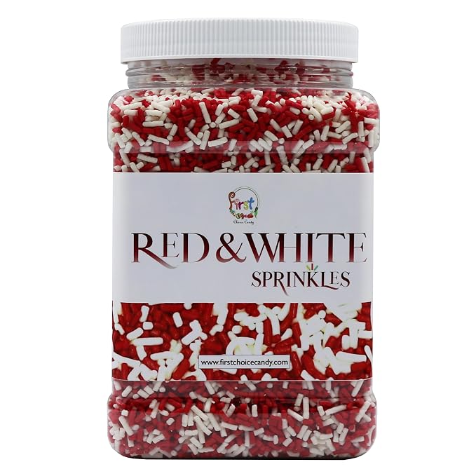 Decorating Sprinkles By FirstChoiceCandy- 2 LB - Colorful Jimmies Great For Topping for Bakery, Ice Cream, and Confectionary - Kosher Sprinkles In a Resealable Container (Red-White)