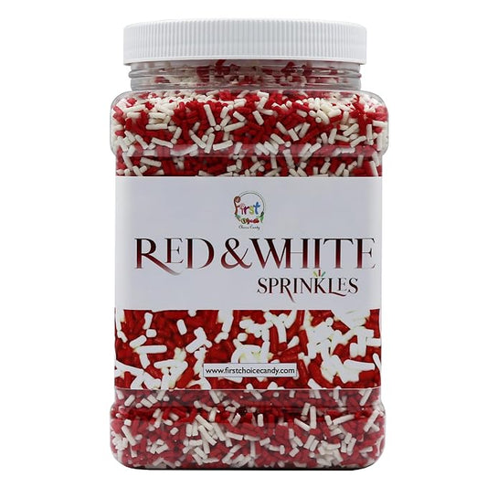 Decorating Sprinkles By FirstChoiceCandy- 2 LB - Colorful Jimmies Great For Topping for Bakery, Ice Cream, and Confectionary - Kosher Sprinkles In a Resealable Container (Red-White)