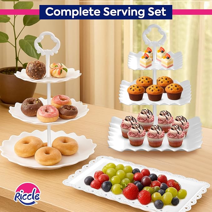 RICCLE 10Pcs Dessert Table Display Set, 3 Tiered Cupcake Stand, Cupcake Holder & Cake Stands, Dessert Display Serving Trays for Party, Bridal Shower, Baby Shower, Tea Party, and Birthdays