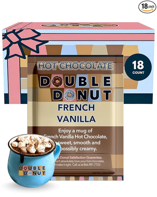 Double Donut Coffee French Vanilla Hot Chocolate Mix Packets, Flavored French Vanilla Hot Cocoa Mix, 18 Count