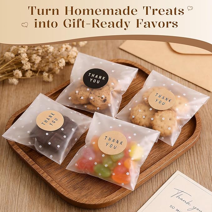 NPLUX 100 Pack 4x4 Cookie Bags with Thank You Stickers, Self Sealing Cellophane Bags for Cookies, Treat Bags for Candy, Clear Graduation Gift Bags for Party Favors, Bake Sale and Cookie Packaging