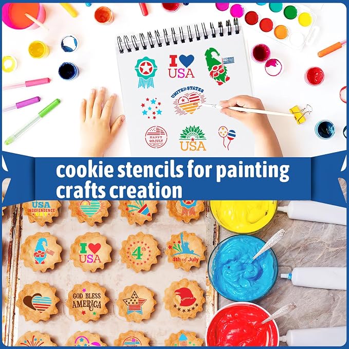 JULBEAR 4th of July Cookie Cake Stencils 36 Pieces Reusable Patriotic Mold | Cookie Stencils, Independence Day Patriotic Party Decoration, Baking Dessert Coffee Painting, 36 Pieces Templates Mold Tools