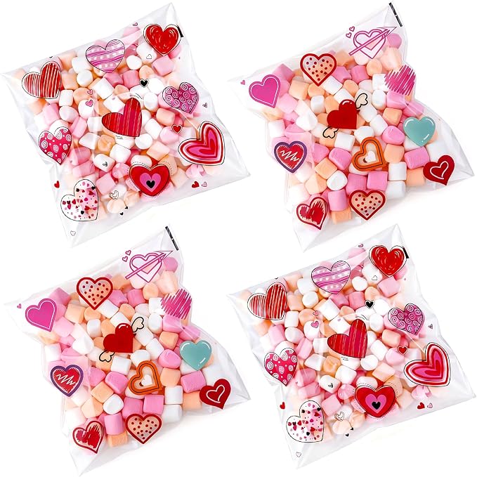 200PCS 5.5x5.5inch Valentine Cellophane Bags, Heart Cookie Bags | Clear Red Pink Lovely Printed Bags, Self Adhesive OPP Treat Bag for Cookie Bakery Present Gift Goodies DIY Candy Decorating