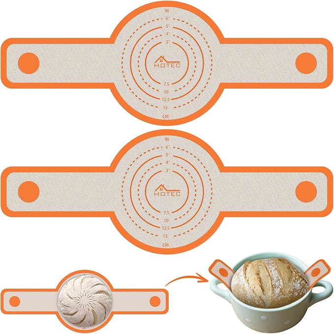 HOTEC 2 Pcs Silicone Bread Sling for Dutch Oven, 0.7MM Thickened Heat Resistant to 500°F Non-Stick Baking Mat with Long Handle Easy to Transfer Sourdough Bread, Dutch Oven Liners Baking Supplies