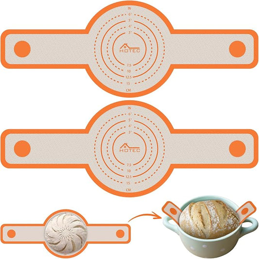 HOTEC 2 Pcs Silicone Bread Sling for Dutch Oven, 0.7MM Thickened Heat Resistant to 500°F Non-Stick Baking Mat with Long Handle Easy to Transfer Sourdough Bread, Dutch Oven Liners Baking Supplies