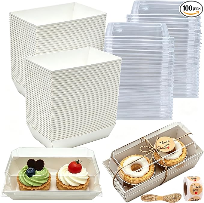 100 Pack Charcuterie Boxes with Clear Lids, White Mini Dessert Bakery Boxes, Empty To Go Food Containers with Stickers for 2 Cupcakes, Muffins, Cake Slice Sushi Strawberry, 5.5 x 2.7 Inches