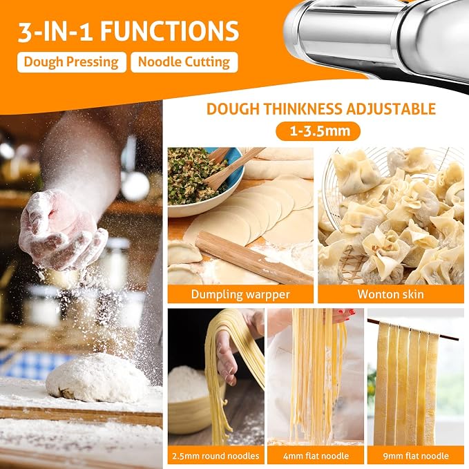 WICHEMI Electric Pasta Maker 3 IN1 Pasta Roller Automatic Noodle Maker 135W | Electric Pasta Maker Machine, Pasta Dough Roller, Food Grade Stainless Steel, Making 2.5mm Round Noodle, 4mm/9mm Flat Noodle