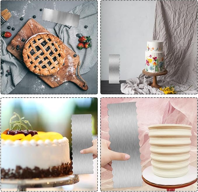 2 Piece 9 Inch Stainless Steel Cake Scraper, Cream Cake Scraper Sided Patterned Edge Stripe Edge Smoother Scraper Cake Smoother Frosting Scraper Cake Decorating Comb for Mousse Butter Cream