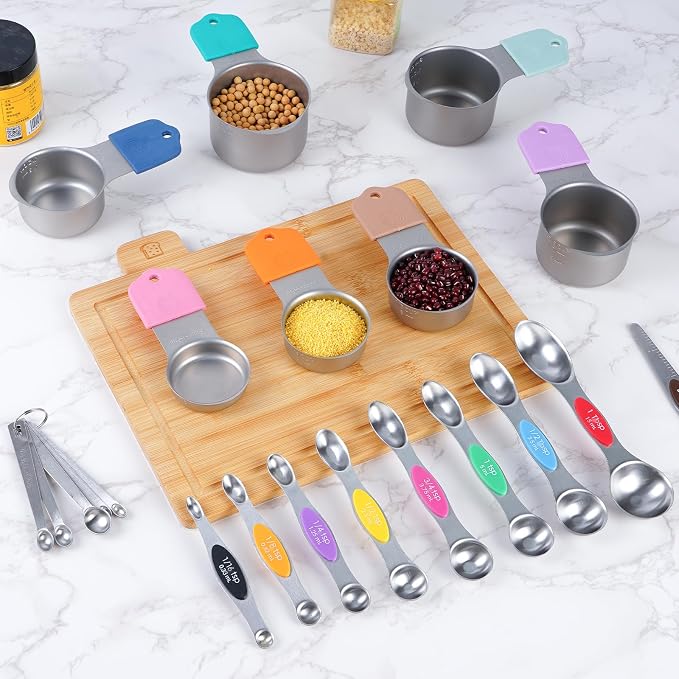 22-Piece Measuring Cups and Spoons Set, 304 Stainless Steel for MINI Measuring Spoons, with Leveler, Measurement Conversion Chart Fridge Magnet, for Measure Dry & Liquid Ingredients