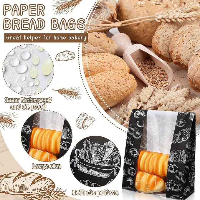 MotiMind 100 Packs Paper Bread Bags for Homemade Bread Sourdough 14 x 8.3 x 3.5 Inches Kraft Paper Bakery Bag with Window Label Seal Sticker for Baked Food Packaging Storage(Black)