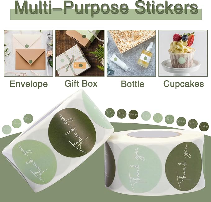 1000Pcs Thank You Stickers Label Roll 6 Colors Small Business Sticker Seal Sticker for Packaging Paper Decal Decor Box Gift Sealing Label Stickers for Bottle Canning Wraps (Sage Green)