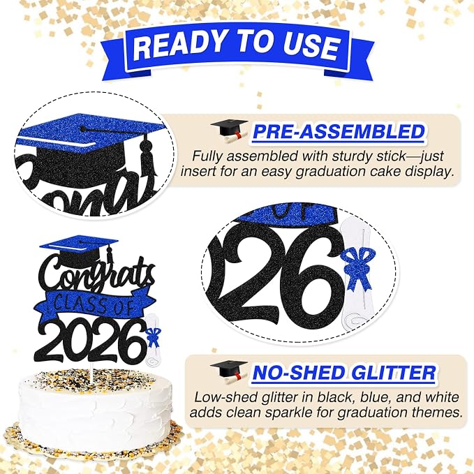 Congrats Class of 2026 Cake Topper Congrats Grad Cap Diploma Theme for High School Happy Graduation Party Supplies College Graduate Decoration (Black and Blue)