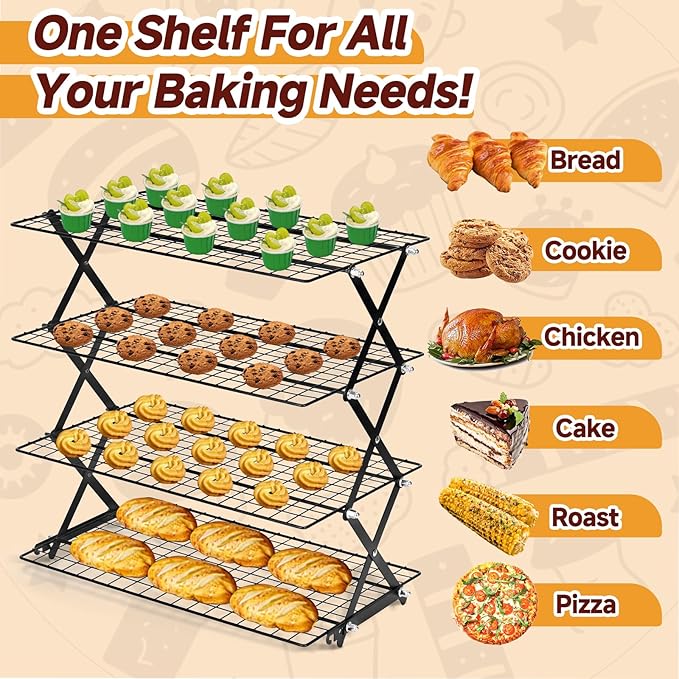 4-Tier Collapsible Cooling Rack with Adjustable 3 Setting Design Cooling Racks for Cooking and Baking Stackable Roasting Cooking Drying Wire Cooling Rack Suitable for Baking Enthusiasts and Beginners