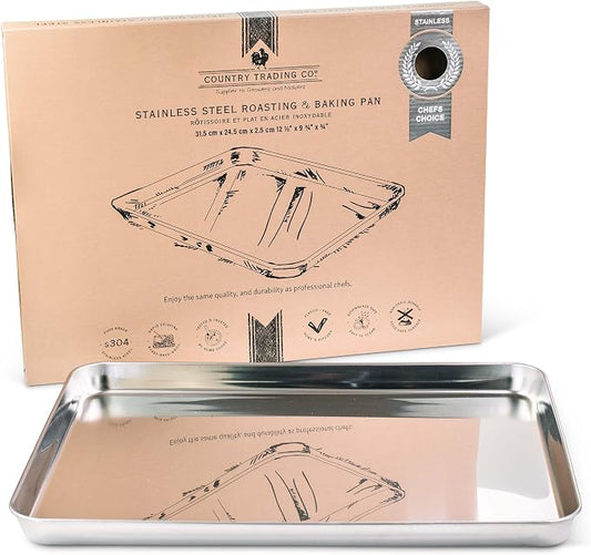 Stainless Steel Baking Sheet Pan –Medium Oven Tray & Roasting Pan, Non-Toxic, Non-Stick Free, Food-Safe Cookware (12.4' x 9.6' x 1' in)