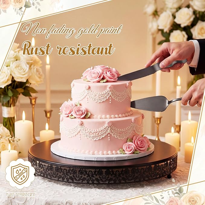 Wenqik 20 Inch Black Cake Stand Set Metal Round Cupcake Dessert Stand with Cake Cutting, Flower Spatula Wedding Cupcake Pastry Display Candy Holder Display for Wedding Party Birthday Baby Shower