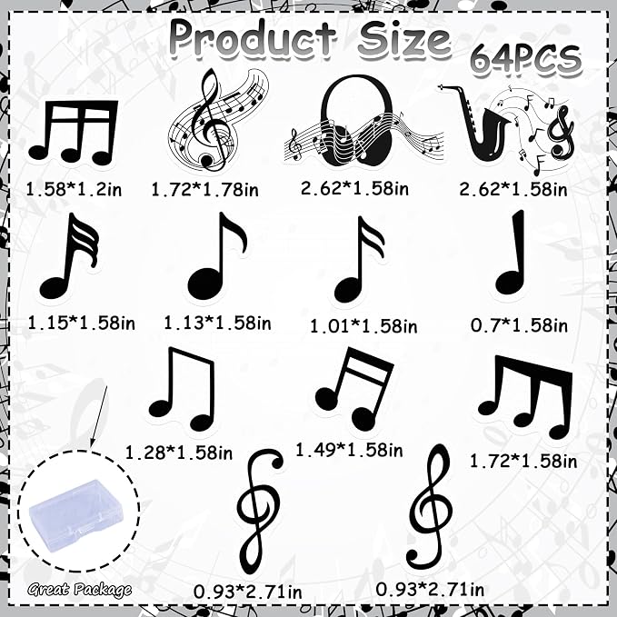 64PCS Edible Musical Notes Cupcake Toppers Wafer Paper Black Music Symbol Cake Picks Music Concert Cake Topper Edible Musical Cupcake Picks for Concert Theme Party Decor