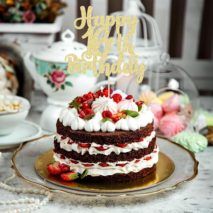 Gyufise 1Pc Happy 16th Birthday Cake Topper Gold Glitter 16 & Fabulous Sweet 16 Birthday Cake Pick for Celebrating 16th Birthday Anniversary Party Cake Decorations Supplies