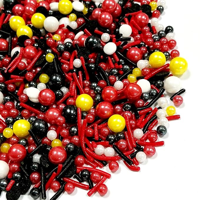 Edible Black White Red and Yellow Pearl Sprinkles 130g/4.5oz Mouse Sprinkles Candy Mix Jimmies Round Confetti Sprinkles for Cake Decorating Baking Ice Cream Cupcakes Supplies