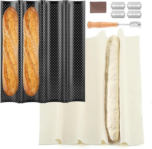 5 Pcs Baguett-e Bread Pan Set,Nonstick 4-Slot Perforated French Breads Baking Pans with Proofing Cloth,Dough Cutter Kit for Home Baker,Baguett-e Tray,15x12 Inch Black Bread Pan
