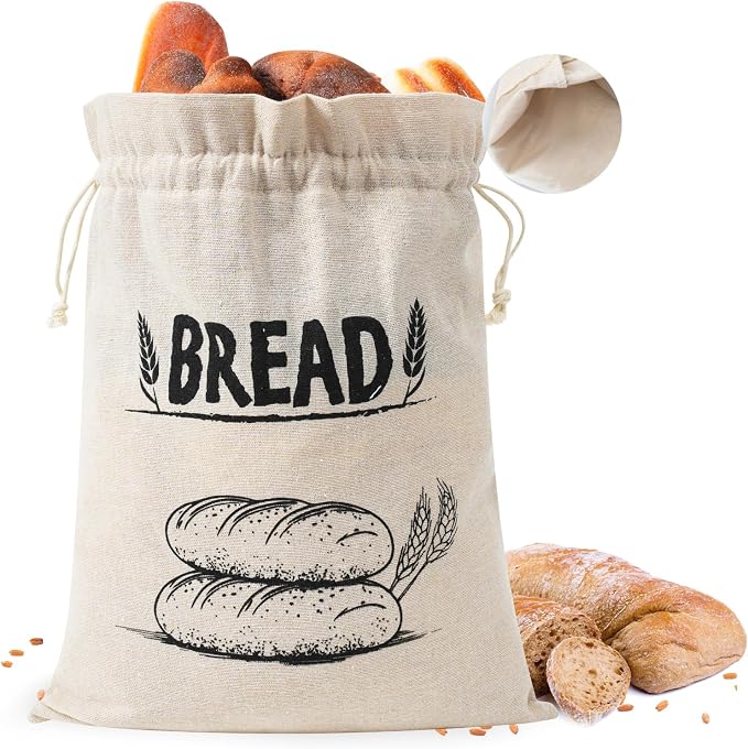 Bread Bags for Homemade Bread, Linen Bread Bag Storage, Reusable Sourdough Bread Bags with Plastic Liner, Drawstring Bread Container for Toast, Loaf,Sandwich Fresh Longer