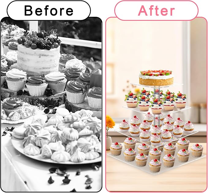 weddingwish 4 Tier Cupcake Stand, Clear Acrylic Cupcake Tower for 50 Cupcakes, Square Dessert Display Stand for Wedding,Birthday,Graduation