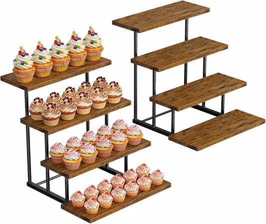 Emfogo Wooden Cupcake Display Stand, 4 Tier Rectangular Tiered Dessert Stands, Dessert Table Display Set for Vendor Booth Party Large Cup Cake Tower for Cup Cake Cookie Food (2 Pack)