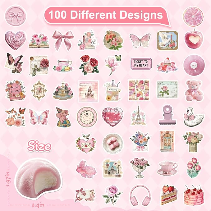 100 Pcs Pink Coquette Stickers for Scrapbooking, Waterproof Vinyl Vintage Stickers for Scrapbook Laptops Water Bottles Journals, Cute Aesthetic Decorative Decals for Girls Teens Students