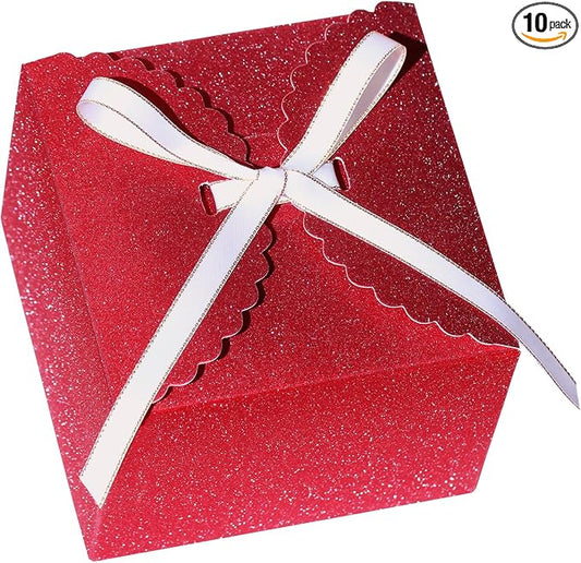 WEWILUCK Small Red Glitter Gift Boxes, 10 PCS Premium Paper Box for Christmas, Birthday, Valentine's, Mother's Day, Party, Holiday Presents(4.75” x 4.75” x 3.53”)