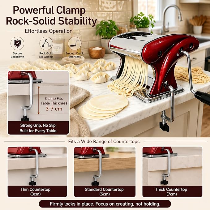 XINGYUEXUAN Manual Pasta Maker Machine, Stainless Steel Hand Crank Noodle Maker with 2mm & 4mm Cutters, Adjustable Dough Roller & Pasta Cutter for Homemade Spaghetti, Fettuccine, Lasagna, Dumpling