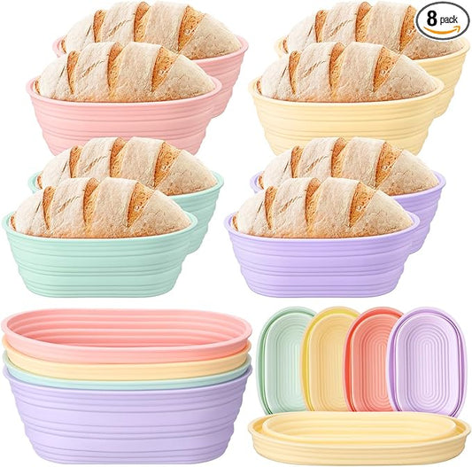Honeydak 8 Pcs Silicone Bread Proofing Baskets Oval Banneton Basket 10 Inch Collapsible Sourdough Bread Baking Supplies Non-stick Dough Proofing Bowls Containers Oven Safe for Breads Making