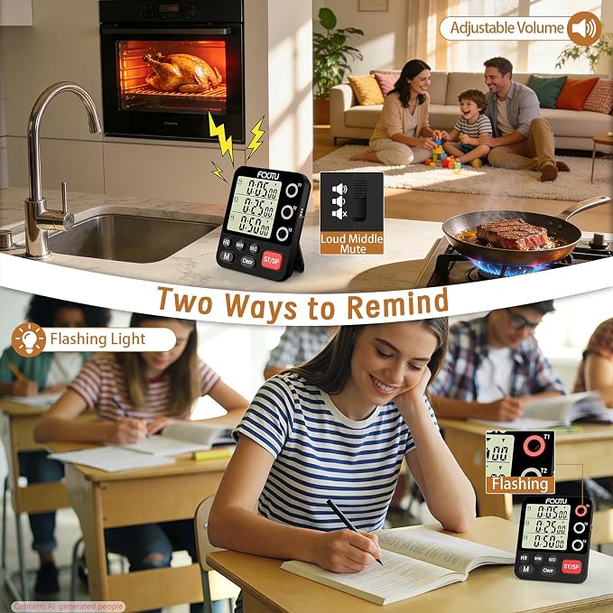 Digital Dual Triple Kitchen Timer, 3-Channel Magnetic Countdown Timer for Cooking, Large Display Stopwatch Multi Food Classroom Timer Loud Alarm for Seniors Teachers Battery Included (Black)