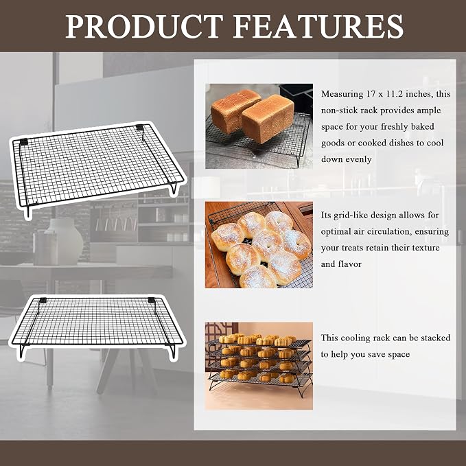 Set of 2 Cooling Racks with Folding Legs，for Cooking, Roasting, Drying, Rust-Resistant Non-Stick Cooling Grilling for Baking，17 x 11.2 inches，Black(2)