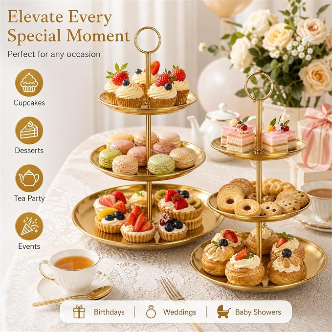 ABuff 3 Tiered Gold Cupcake Stand 2 Pack Stainless Steel Gold Tiered Dessert Stand Cupcake Display Tower 3 Tier Serving Tray Cake Stand for Baby Shower Birthday Party Wedding
